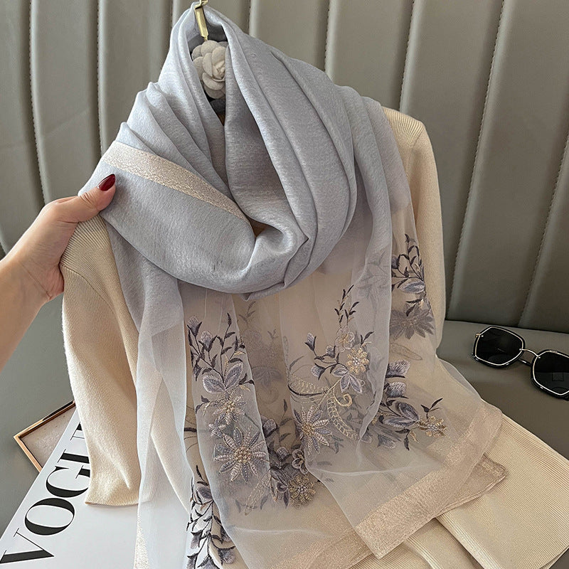 Organza Embroidery Hijab IV - Silver Grey