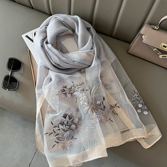 Organza Embroidery Hijab IV - Silver Grey