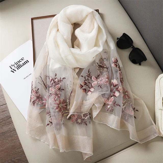 Organza Embroidery Hijab V - Cream