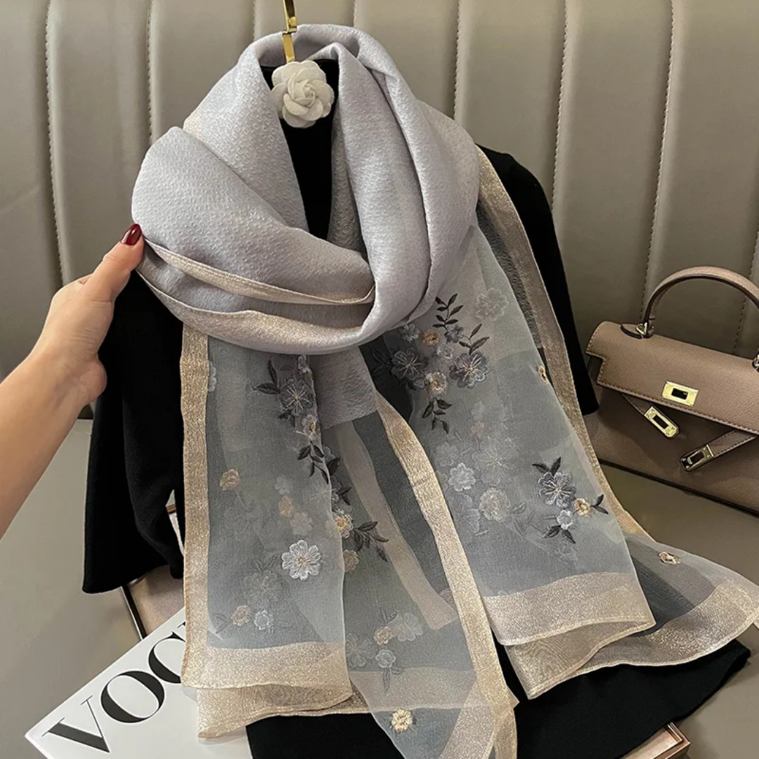 Organza Embroidery Hijab III - Silver Grey