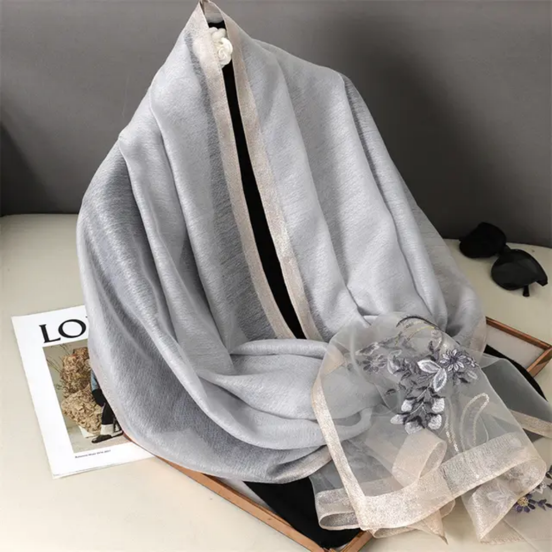 Organza Embroidery Hijab V - Silver Grey