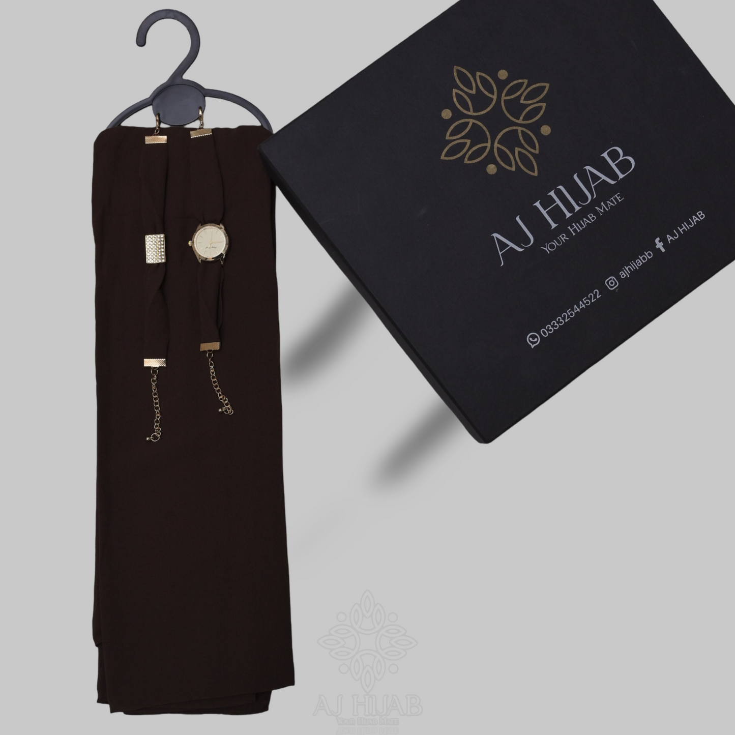 Chocolate Brown Georgette Hijab + Watch + Bracelet + Gift Sett