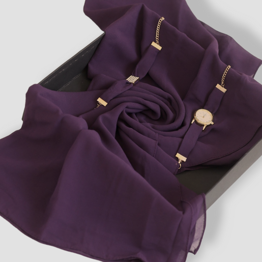 Purple Georgette Hijab + Watch + Bracelet + Gift Sett
