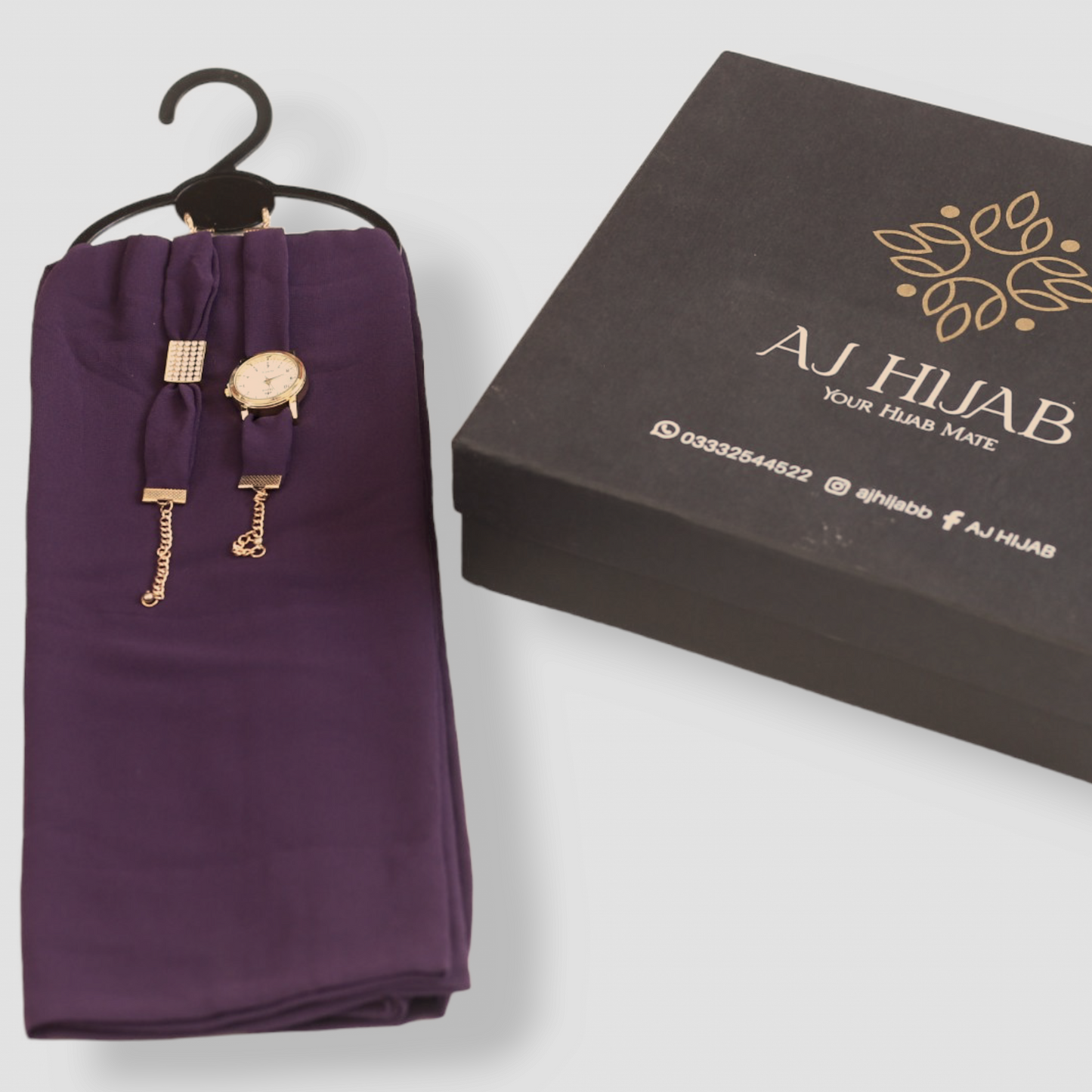 Purple Georgette Hijab + Watch + Bracelet + Gift Sett