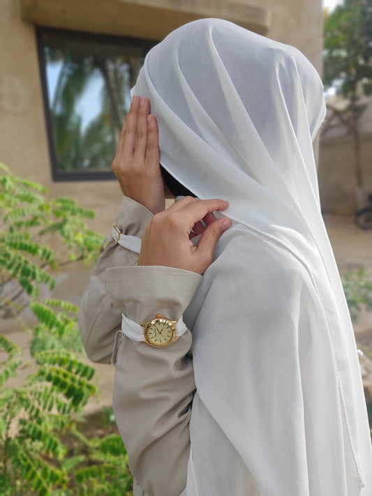 Off White Georgette Hijab + Watch + Bracelet + Gift Sett