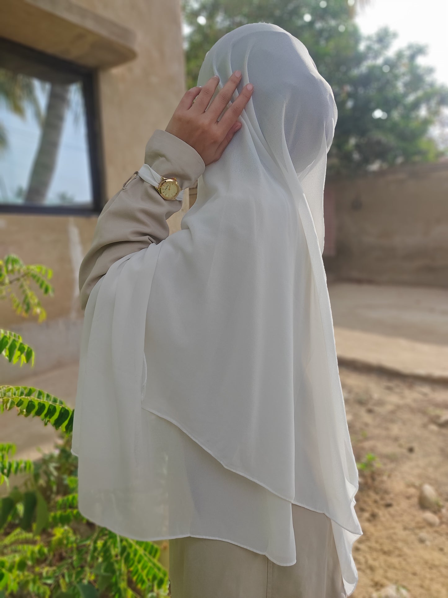 Off White Georgette Hijab + Watch + Bracelet + Gift Sett
