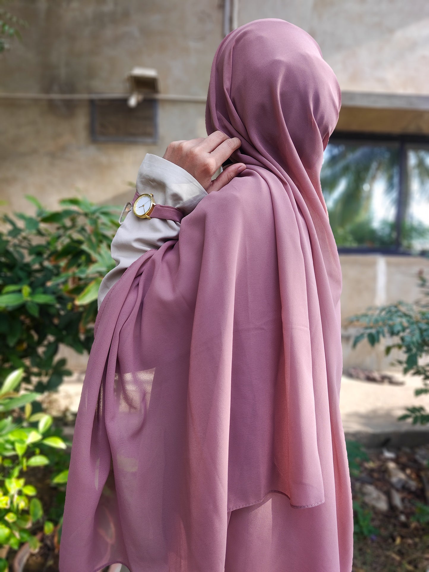 Mauve Georgette Hijab + Watch + Bracelet + Gift Sett