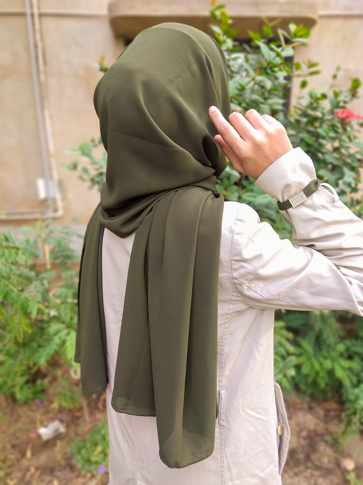 Mehndi Green Georgette Hijab + Watch + Bracelet + Gift Sett
