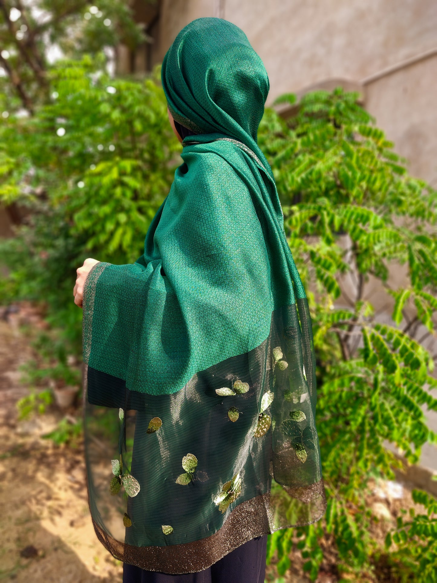 Organza Embroidery Hijab III - Bottle Green