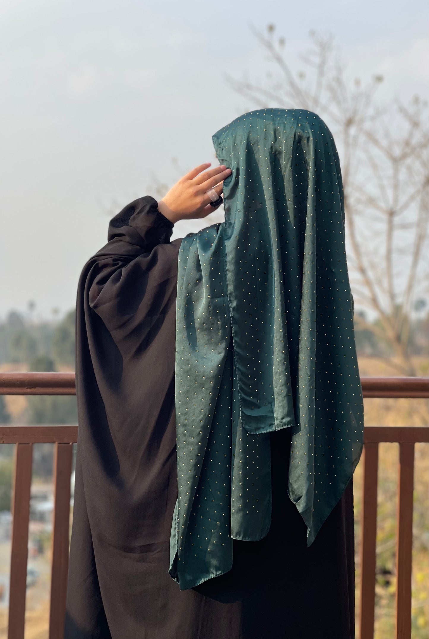 Bottle Green - Dapple Dot Gold Silk Hijab