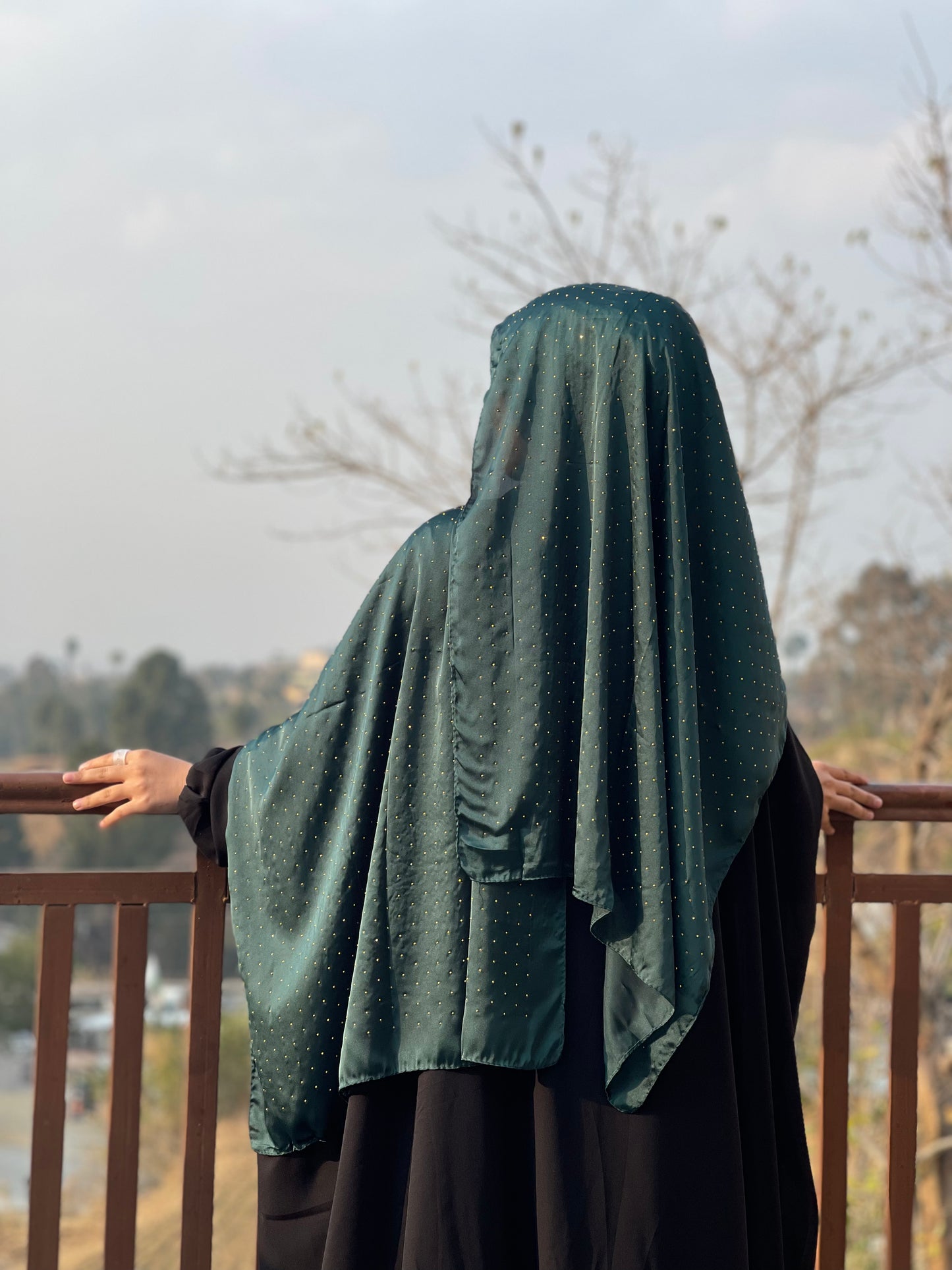 Bottle Green - Dapple Dot Gold Silk Hijab