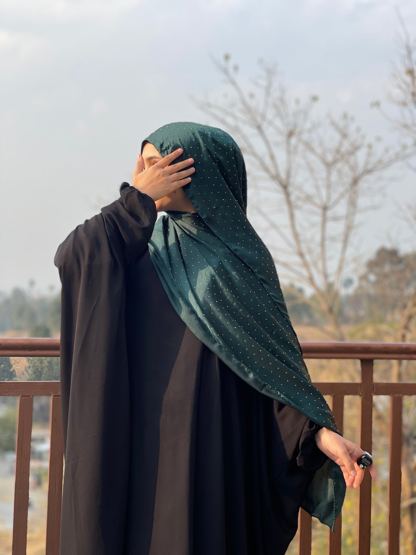 Bottle Green - Dapple Dot Gold Silk Hijab