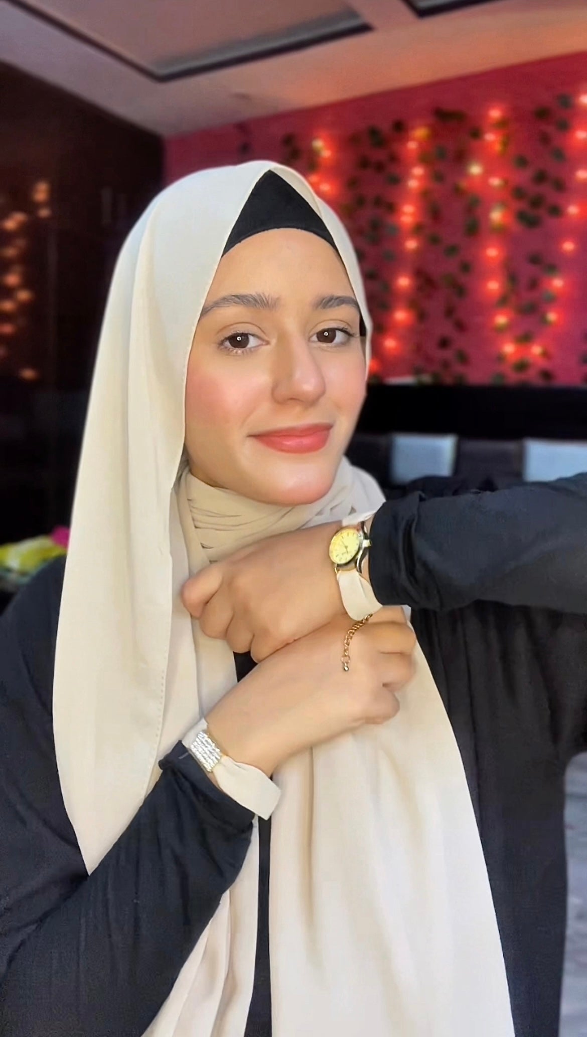 Beige Georgette Hijab + Watch + Bracelet + Gift Sett