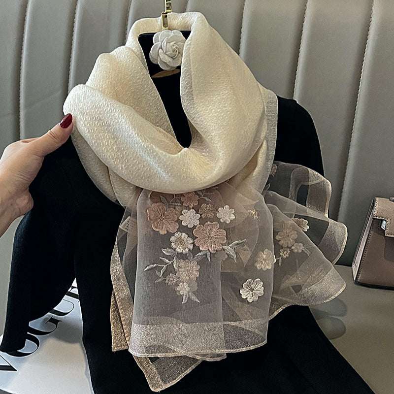 Organza Embroidery Hijab - Cream
