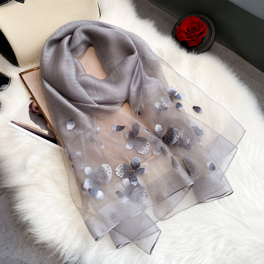 Organza Embroidery Hijab II - Silver Grey