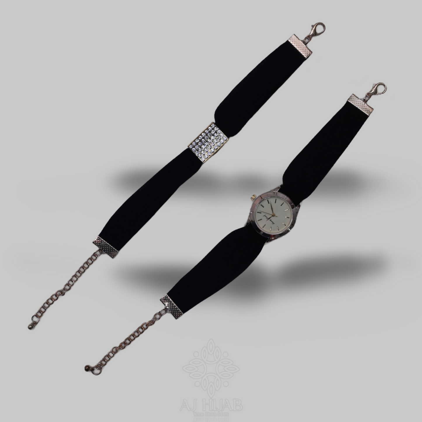 Black Georgette Hijab + Watch + Bracelet + Gift Sett