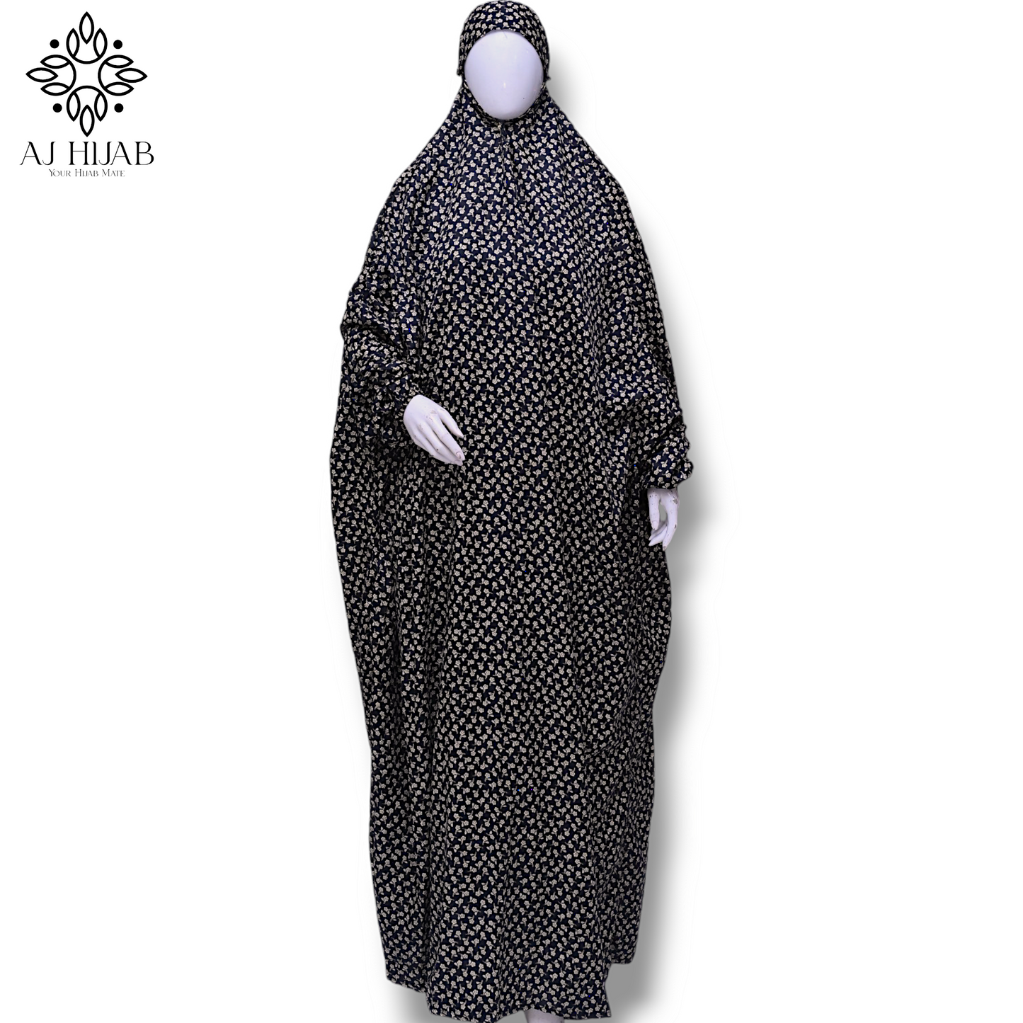 Namaz Chadar With Sleeves Full Size - Black Print II (Lilen)