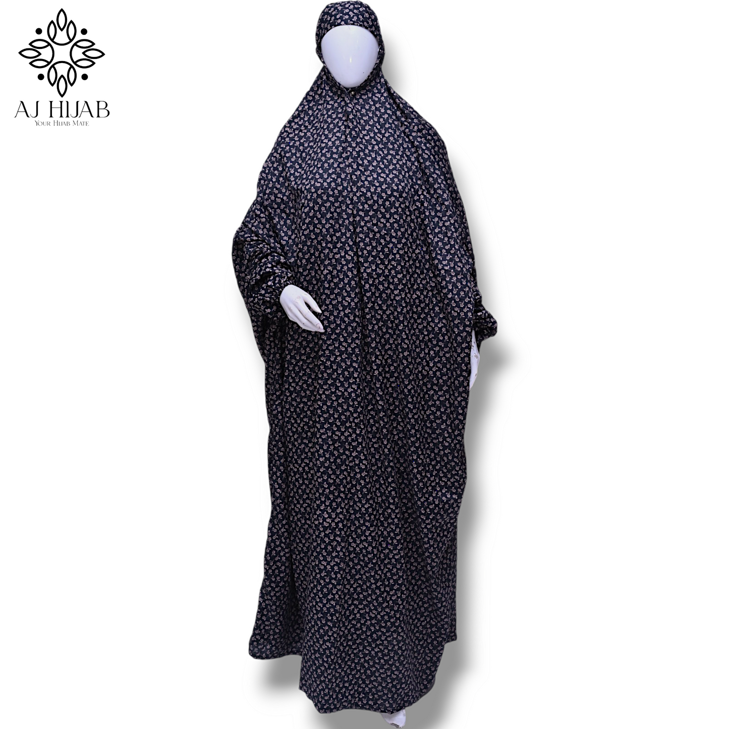 Namaz Chadar With Sleeves Full Size - Black Print IIII (Lilen)