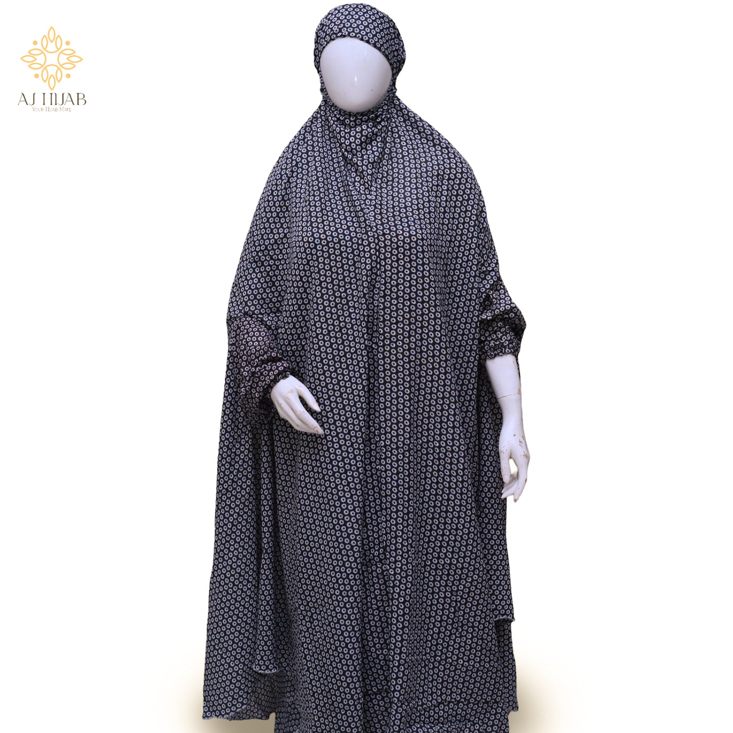 Namaz Chadar With Sleeves - Black Print II (Lawn)