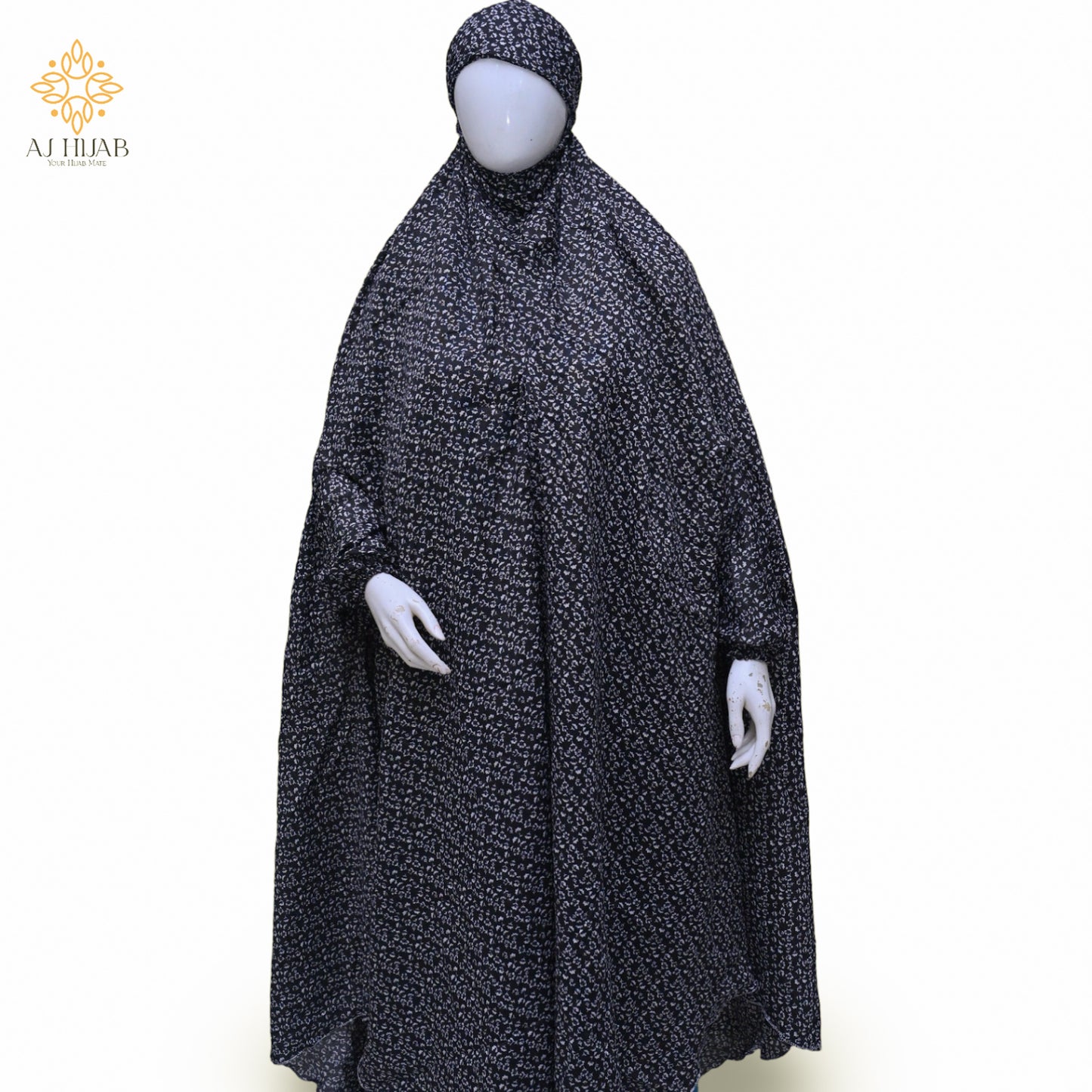 Namaz Chadar With Sleeves - Black Print (Lawn)