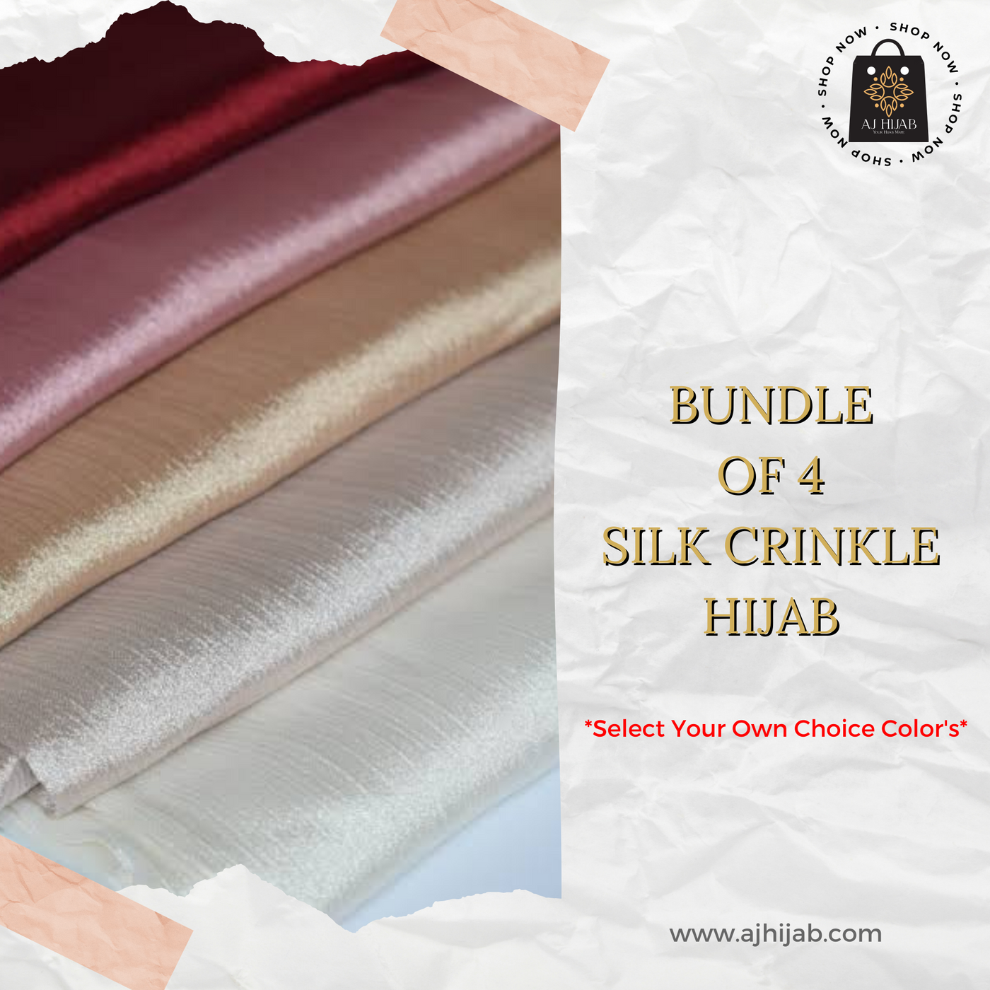 Bundle Of 4 - Silk Crinkle Hijab (Select Colors)