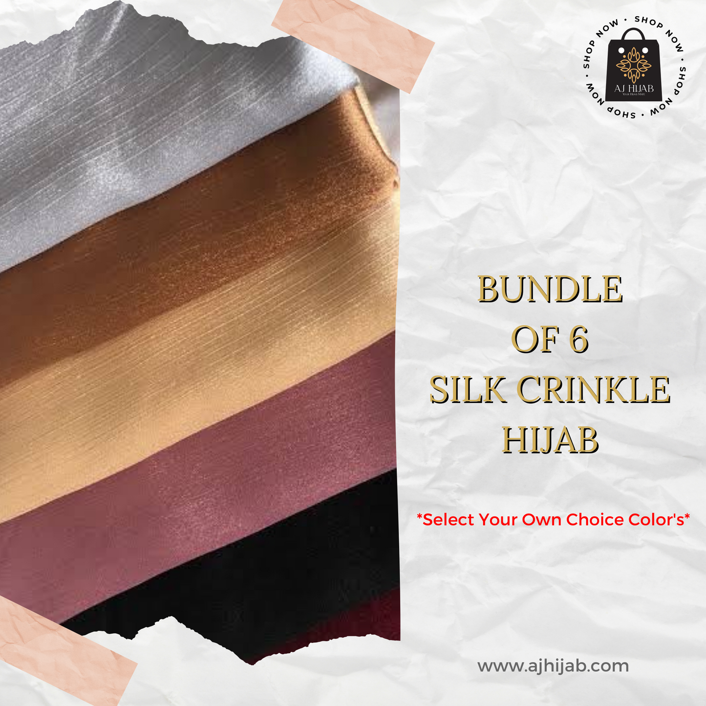 Bundle Of 6 - Silk Crinkle Hijab (Select Colors)