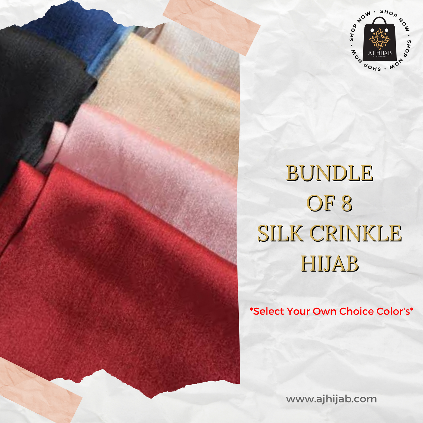 Bundle Of 8 - Silk Crinkle Hijab (Select Colors)