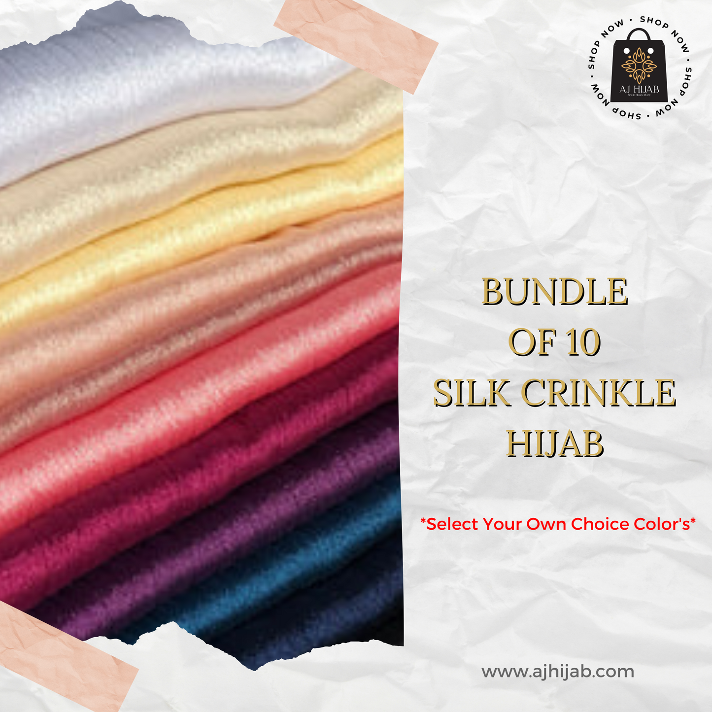 Bundle Of 10 - Silk Crinkle Hijab (Select Colors)