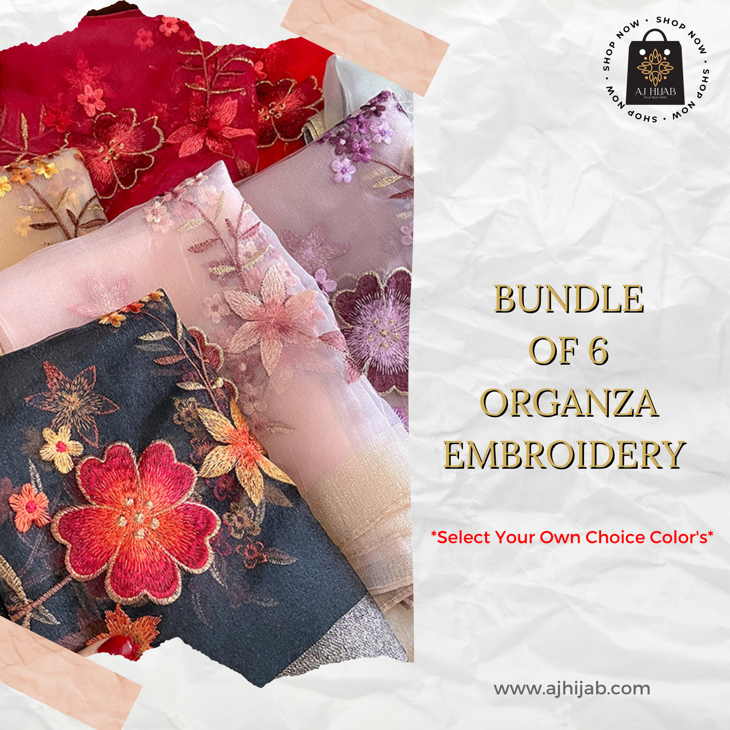 Bundle Of 6 - Organza Embroidery Hijab (Select Colors)