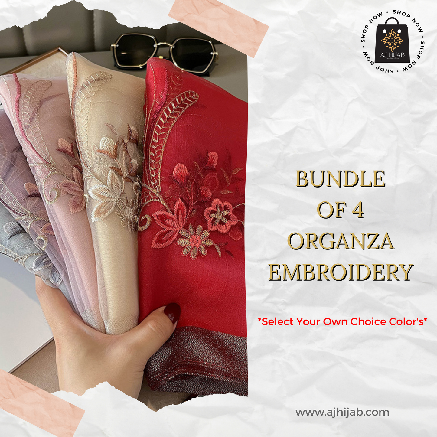 Bundle Of 4- Organza Embroidery Hijab (Select Colors)