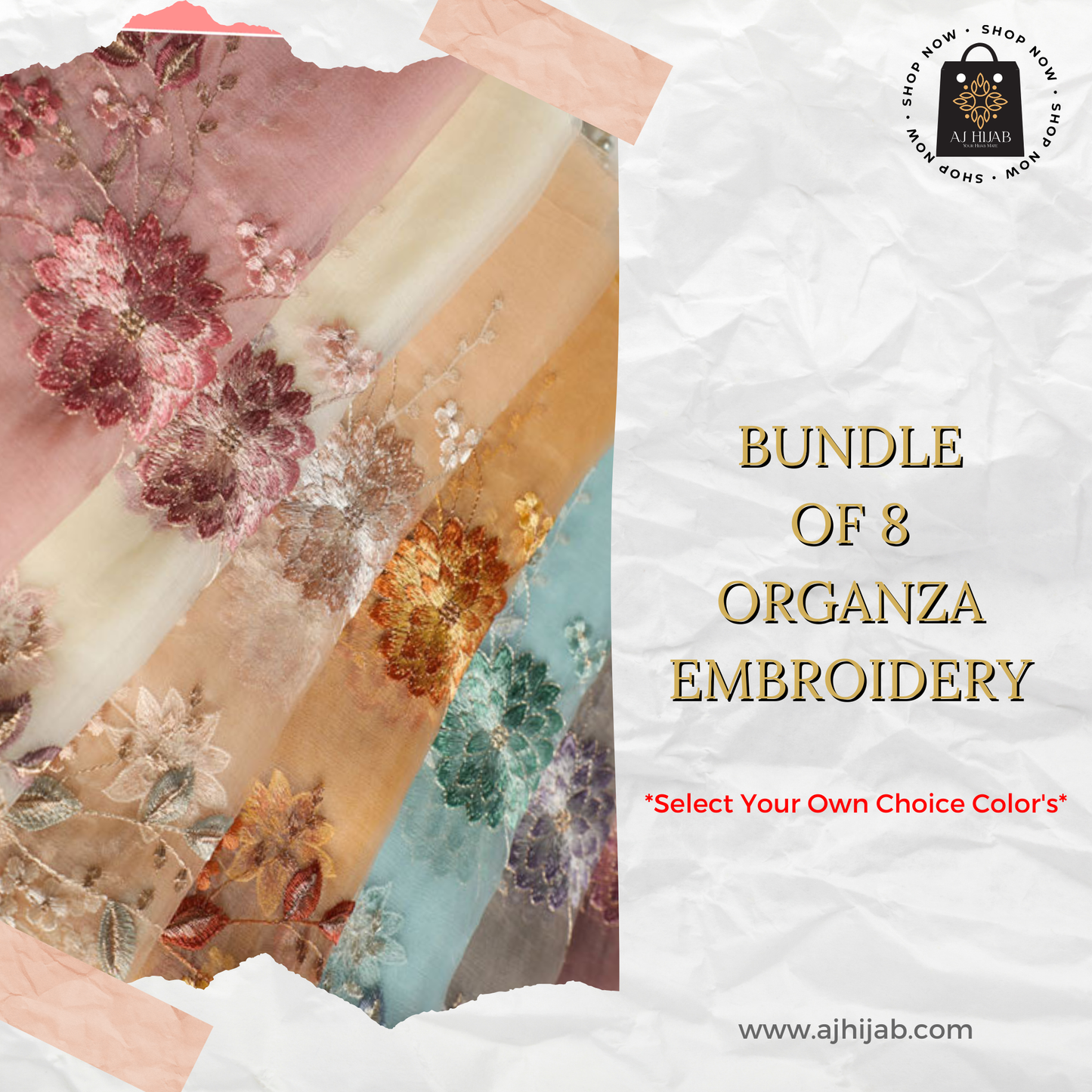 Bundle Of 8- Organza Embroidery Hijab (Select Colors)