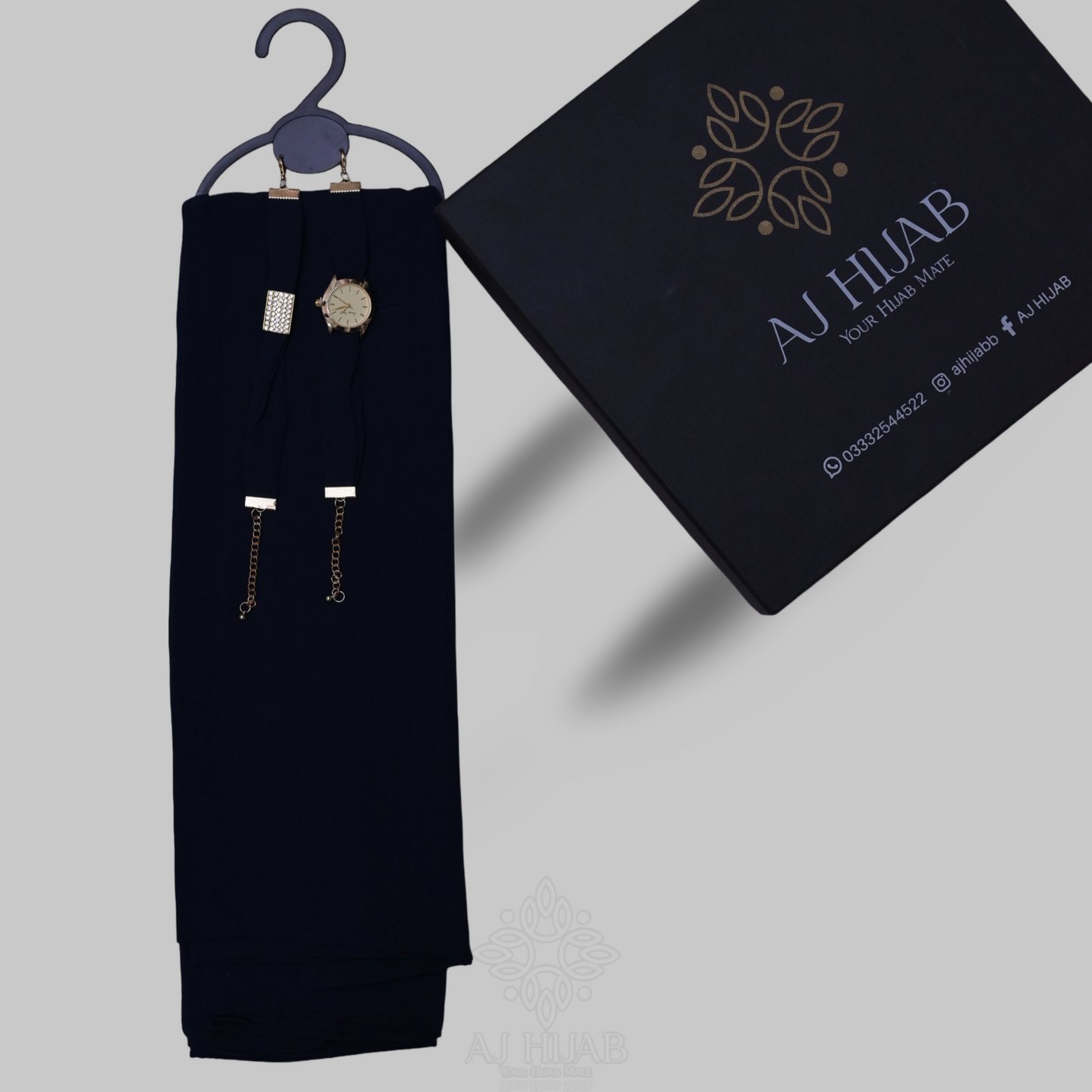 Navy Georgette Hijab + Watch + Bracelet + Gift Sett