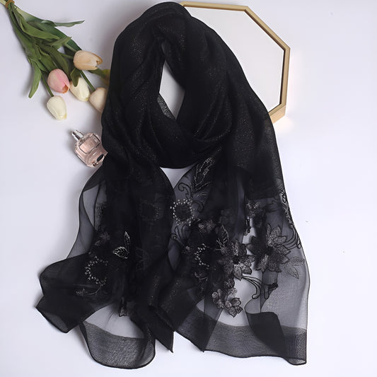 Organza Embroidery Hijab - Black Grey