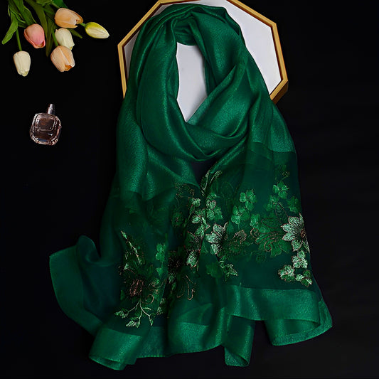 Organza Embroidery Hijab - Bottle Green