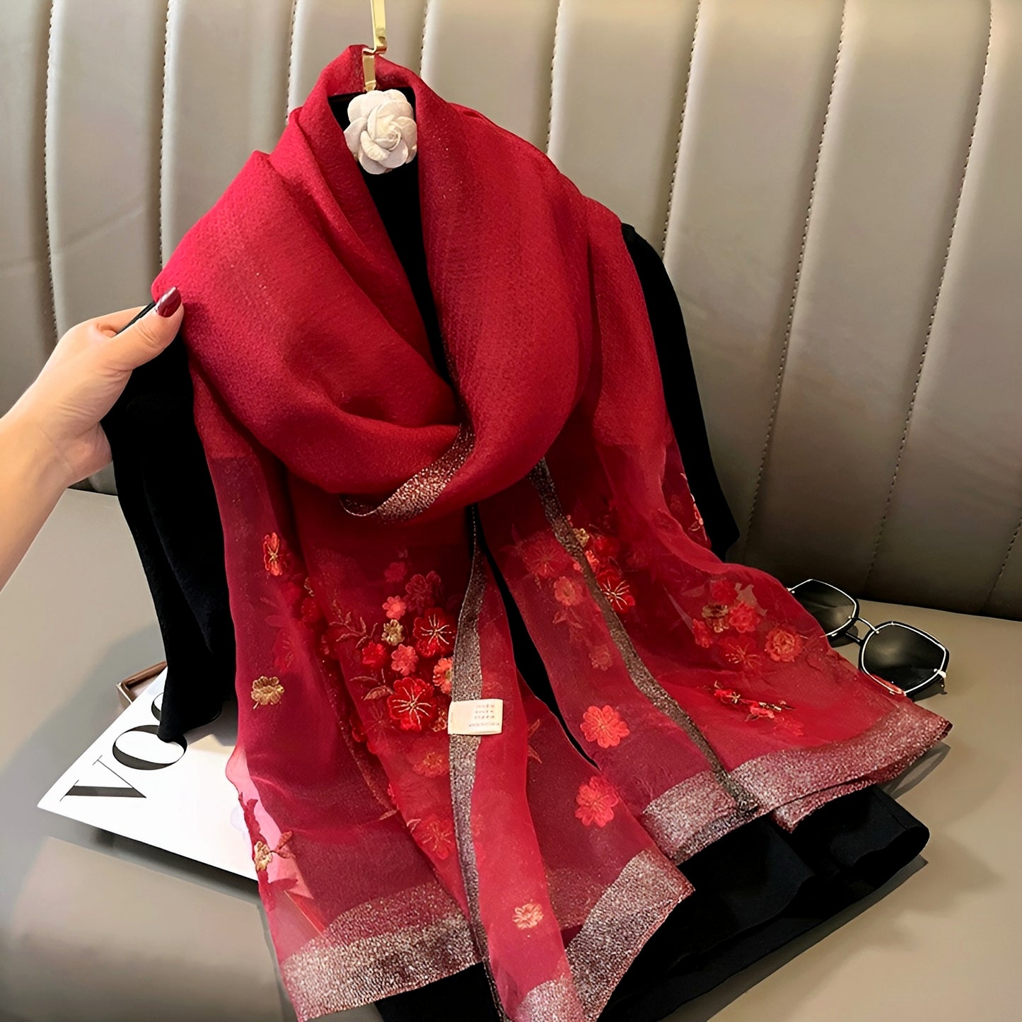 Organza Embroidery Hijab - Red