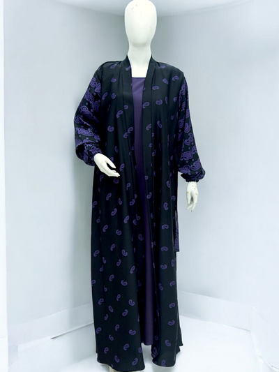 Black Print Front Open Abaya