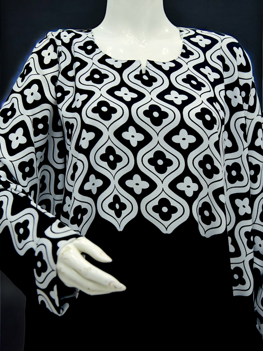 Black White Printed Abaya