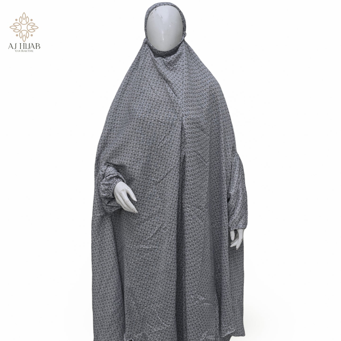 Namaz Chadar With Sleeves - White Black Print (Lawn)