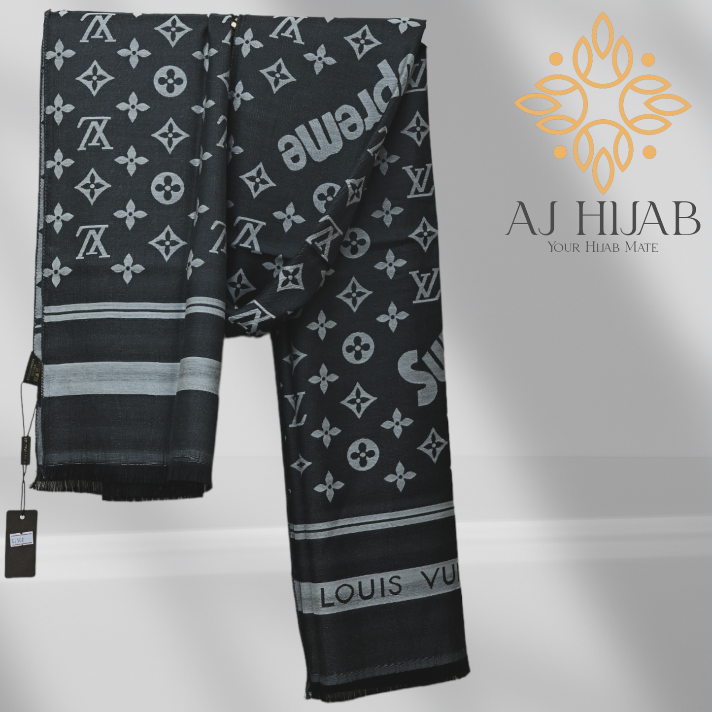 Charcoal LV Silk Mix Branded Hijab - AJ Hijab